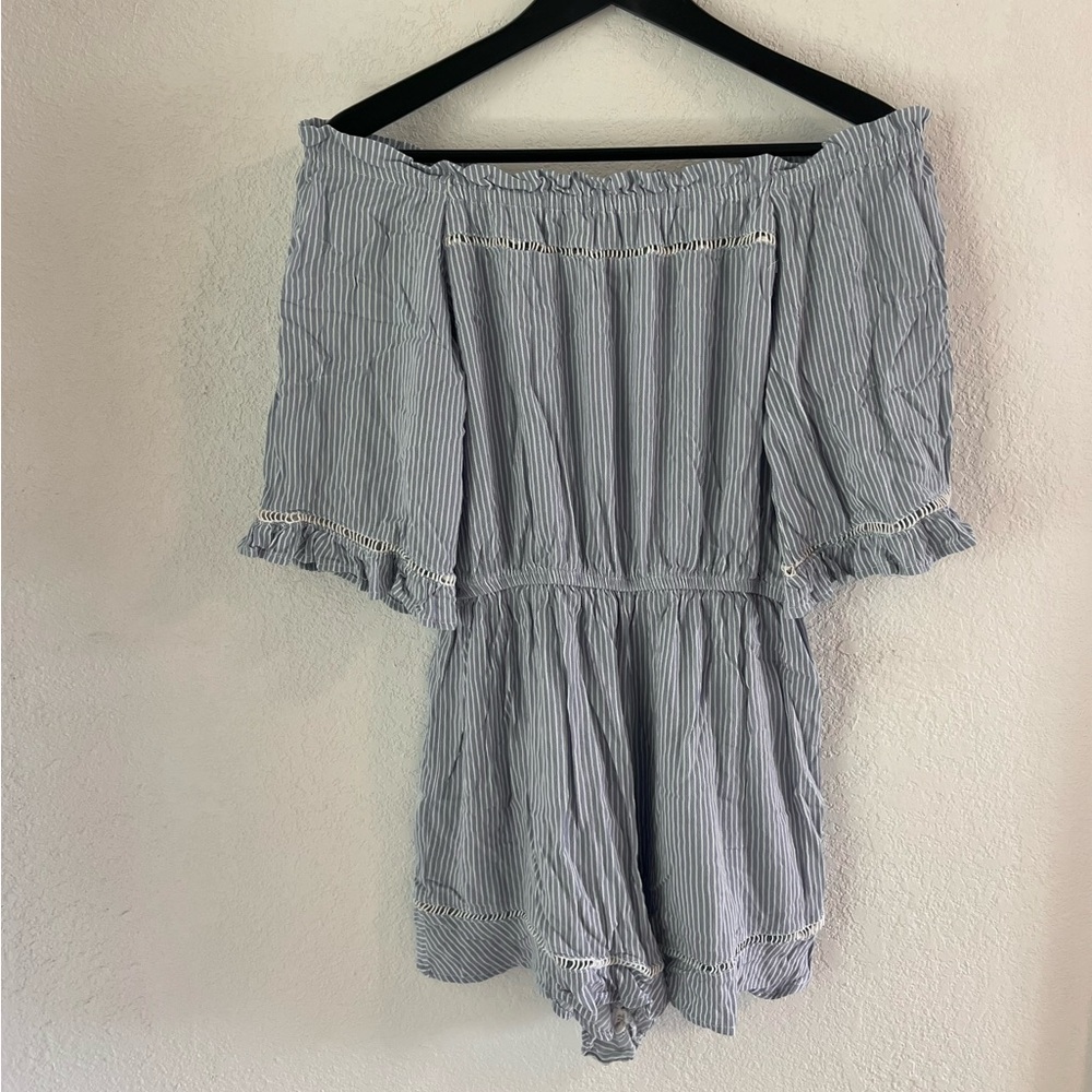 Blue & White Striped Off the Shoulder Romper